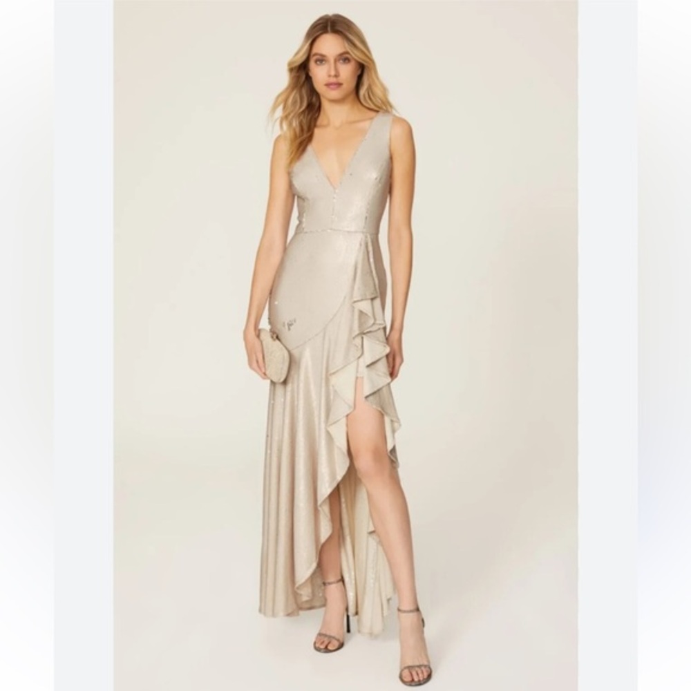 BADGLEY MISCHKA Ruffled Sequin Gown in size 2